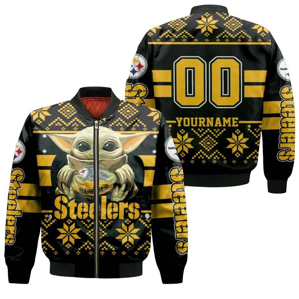 Baby Yoda Hugs Pittsburgh Steelers Ugly Sweater 3D 1 Personalized Bomber Jacket
