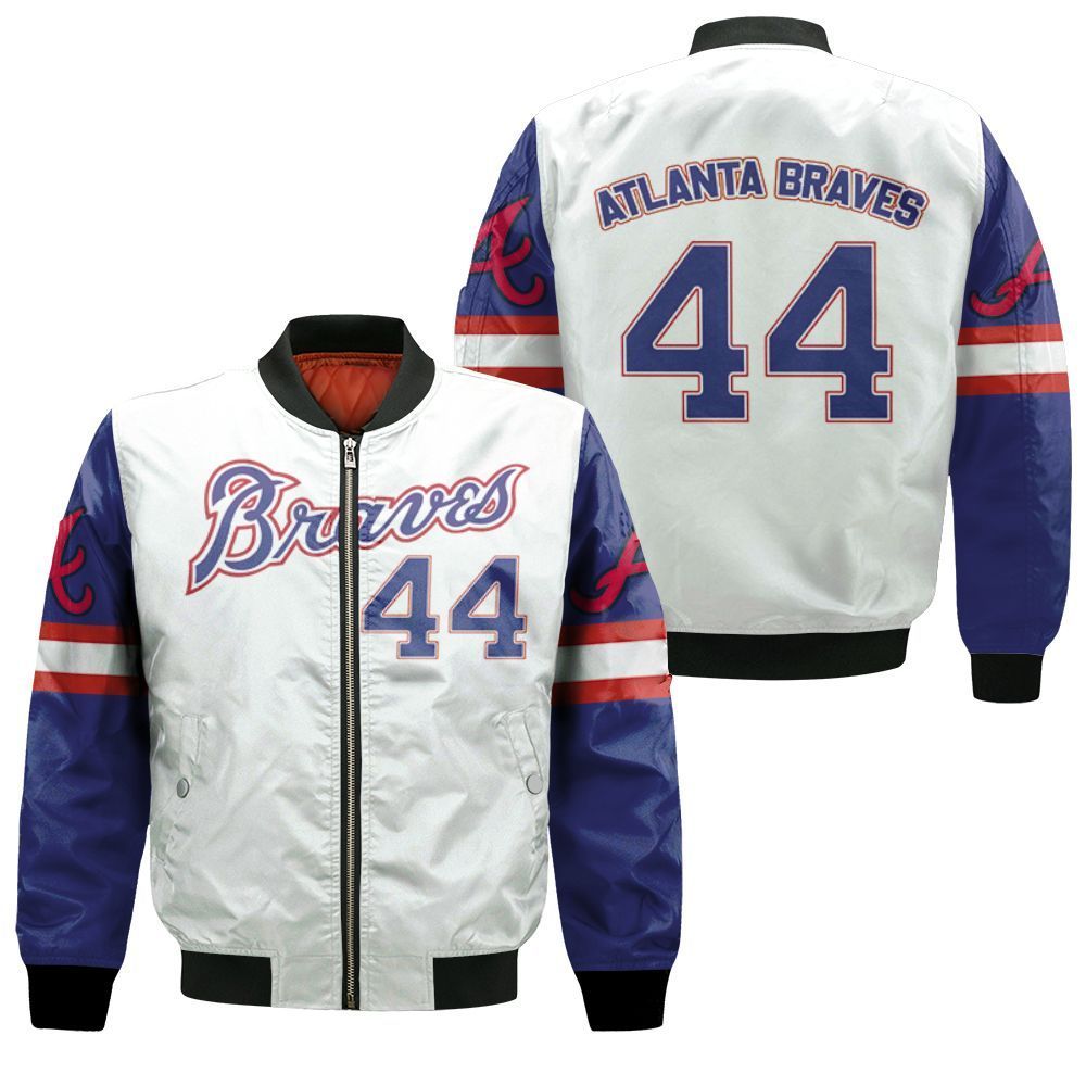 Atlanta Braves Hank Aaron 44 2020 MLB White And Blue Inspired Style Bomber Jacket
