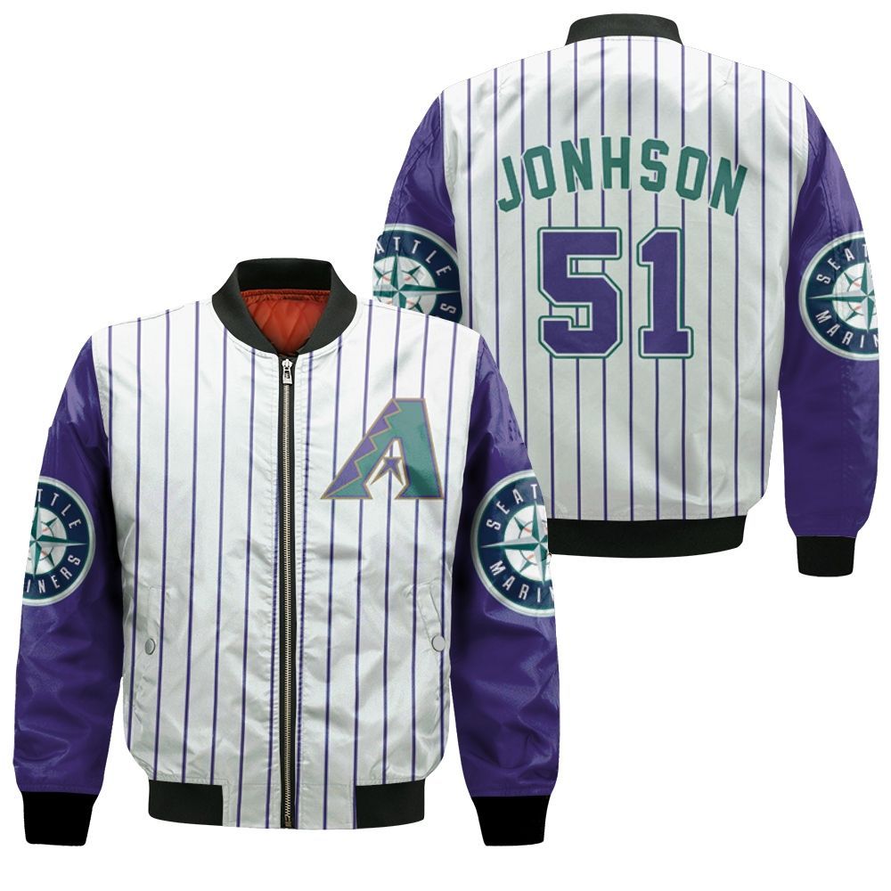 Arizona Diamondbacks Randy Johnson 51 2020 MLB White Purple Inspired Bomber Jacket