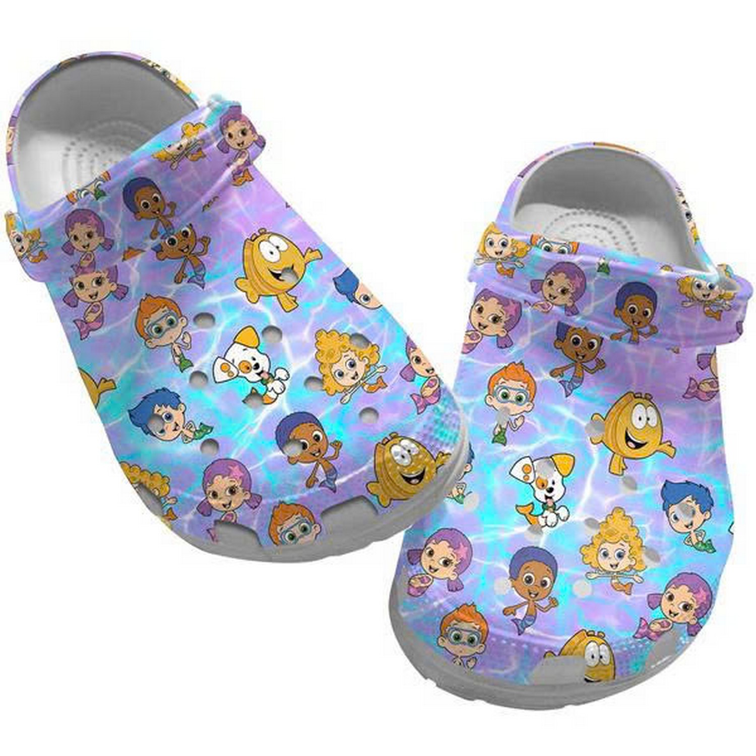 Bubble Guppies Cartoon Movie Characters In Water Purple Gardient Crocs Clogs Shoes For Kids And Adults