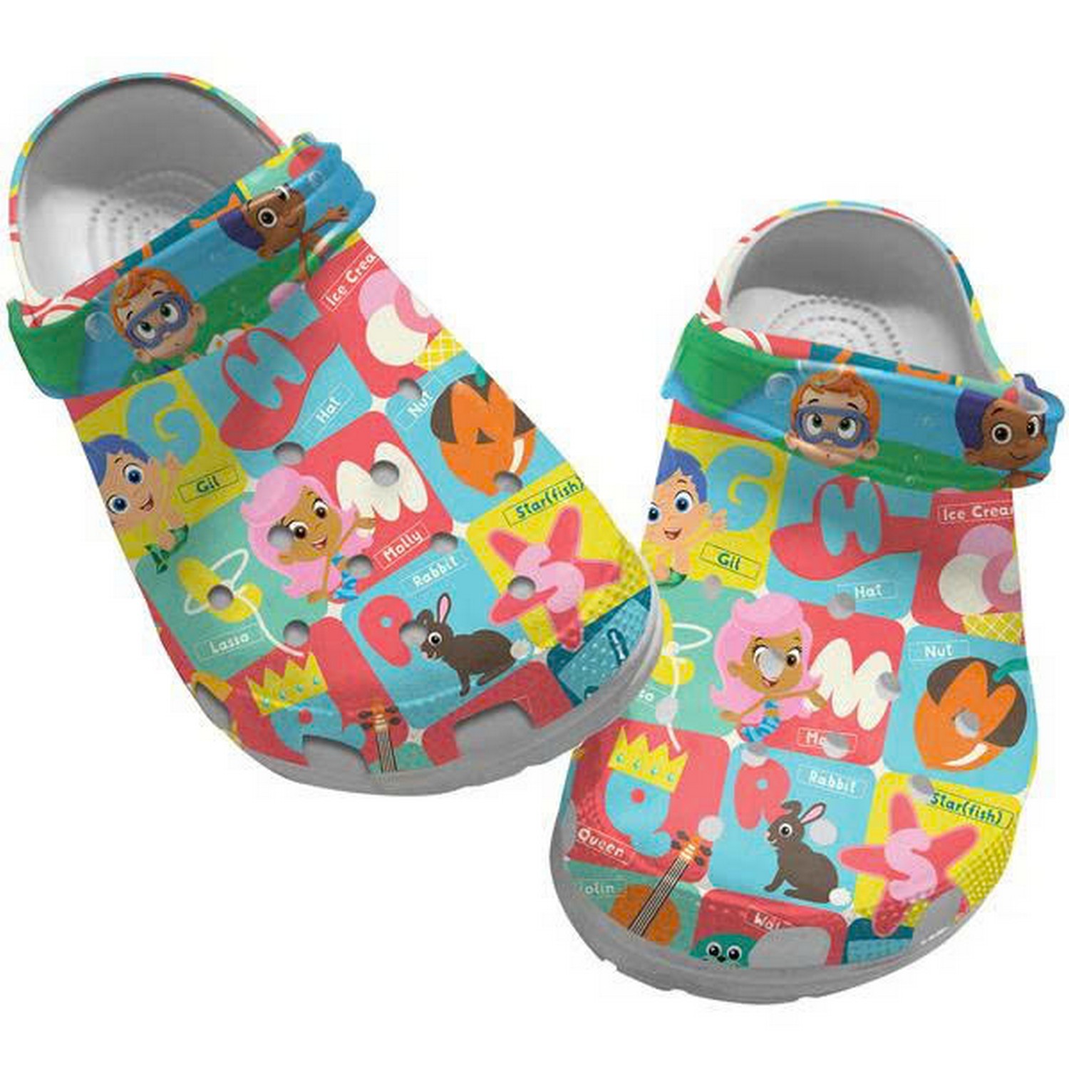 Bubble Guppies Characters And Alphabet In Colorful Square Pattern Crocs Clogs Shoes For Kids And Adults
