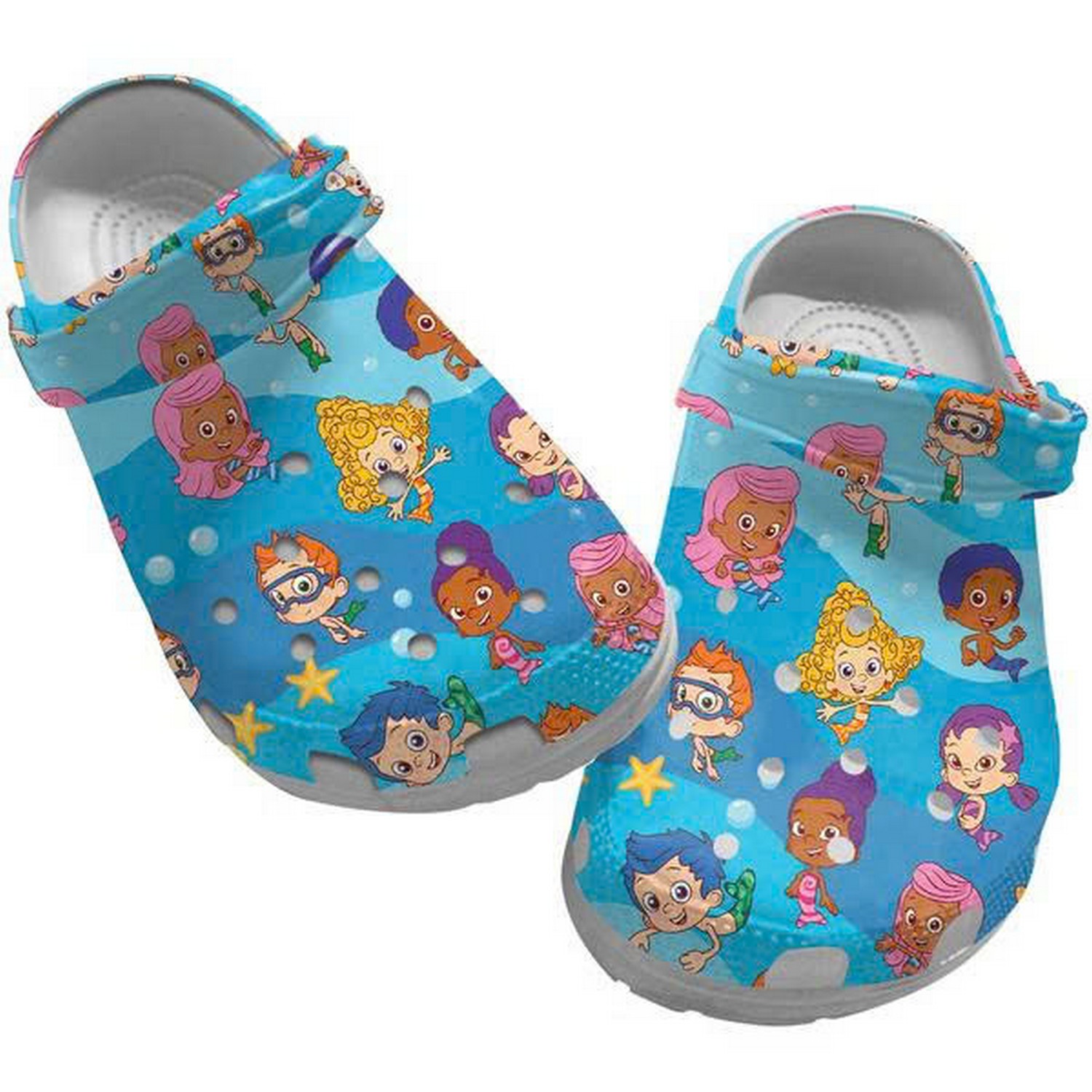 Bubble Guppies Characters Playingfull On Blue Water Flow Crocs Clogs Shoes For Kids And Adults
