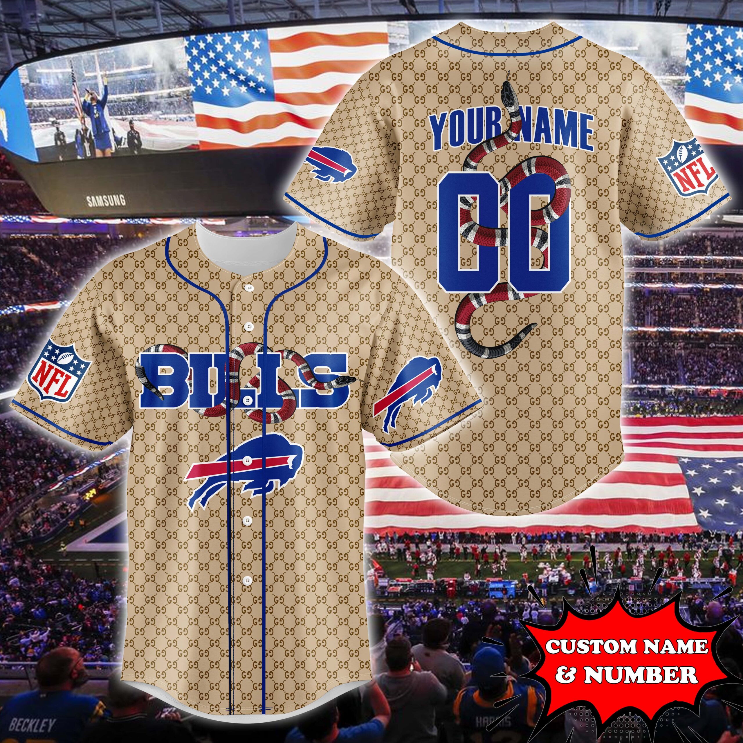 Buffalo Bills Baseball Jersey Gucci NFL Custom Name & Number