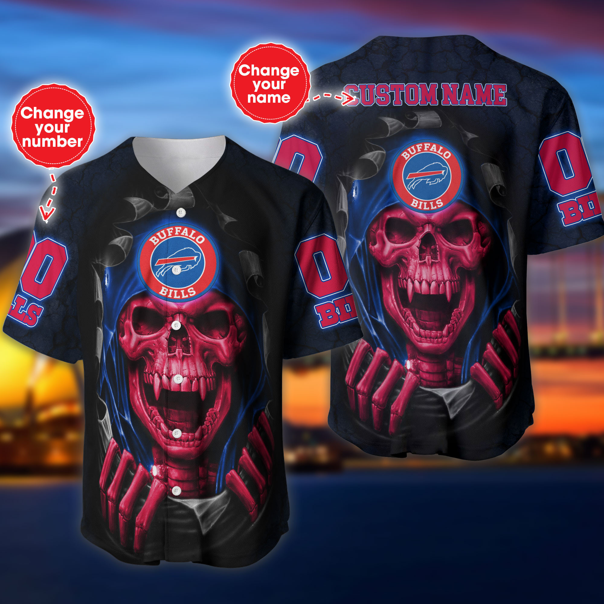 Buffalo Bills NFL Skulls 3D Custom Baseball Jersey For Men And Women