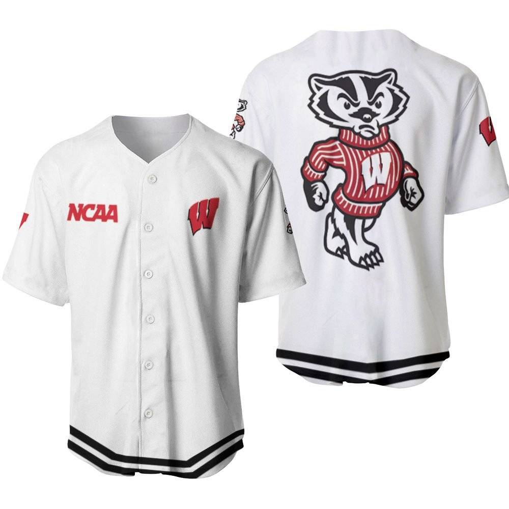Wisconsin Badgers Ncaa Classic White With Mascot Logo Gift For Wisconsin Badgers Fans Baseball Jersey