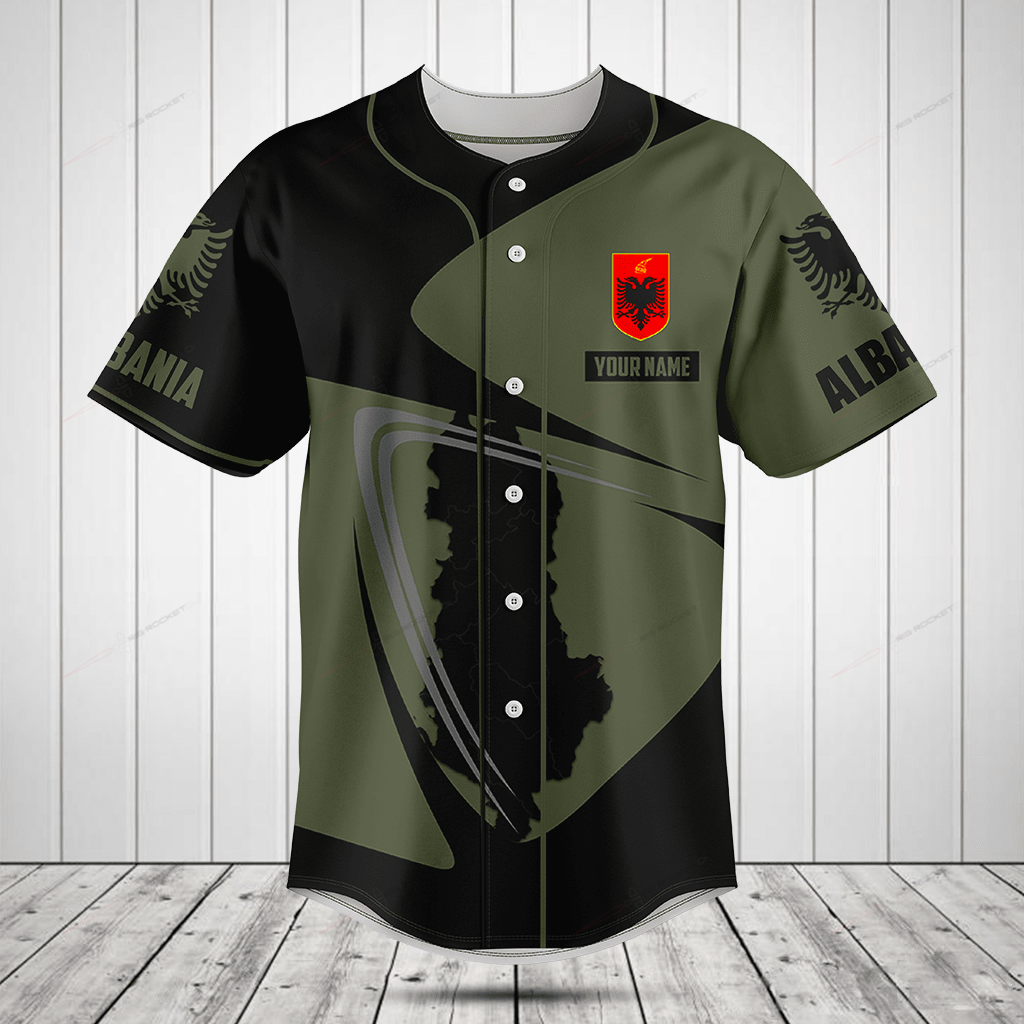 Albania Map Black And Olive Green Custom Baseball Jersey For Fan