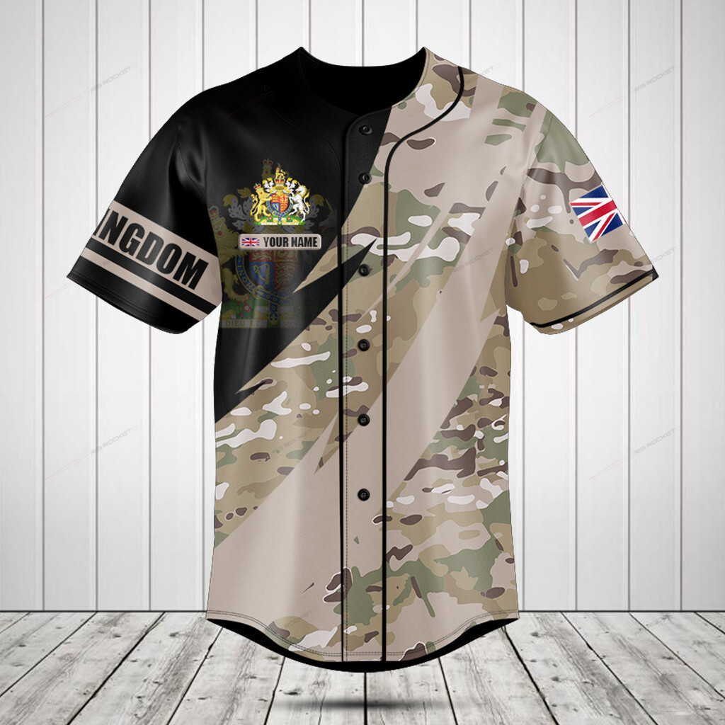 United Kingdom Coat Of Arms Camo Fire Style Custom Baseball Jersey For Fan