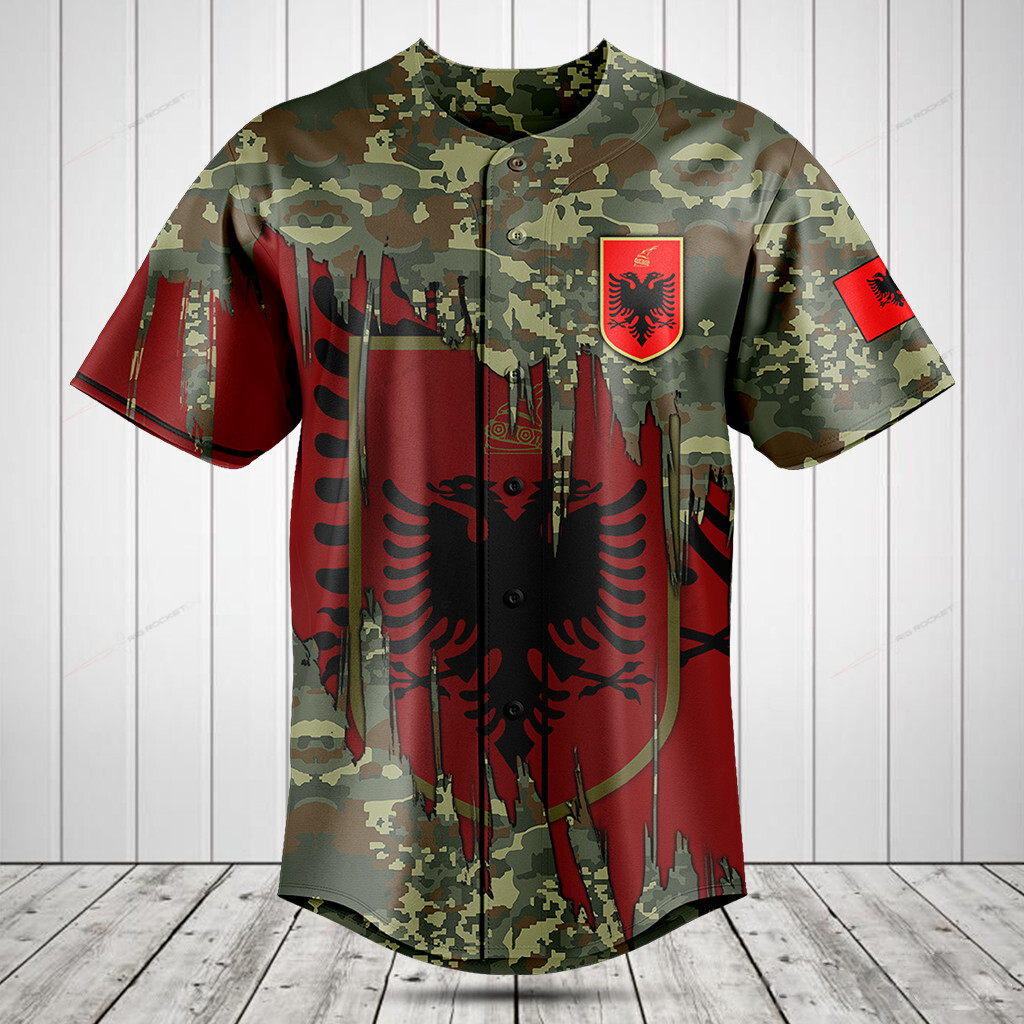 Albania Flag And Coat Of Arms Camo Custom Baseball Jersey For Fan