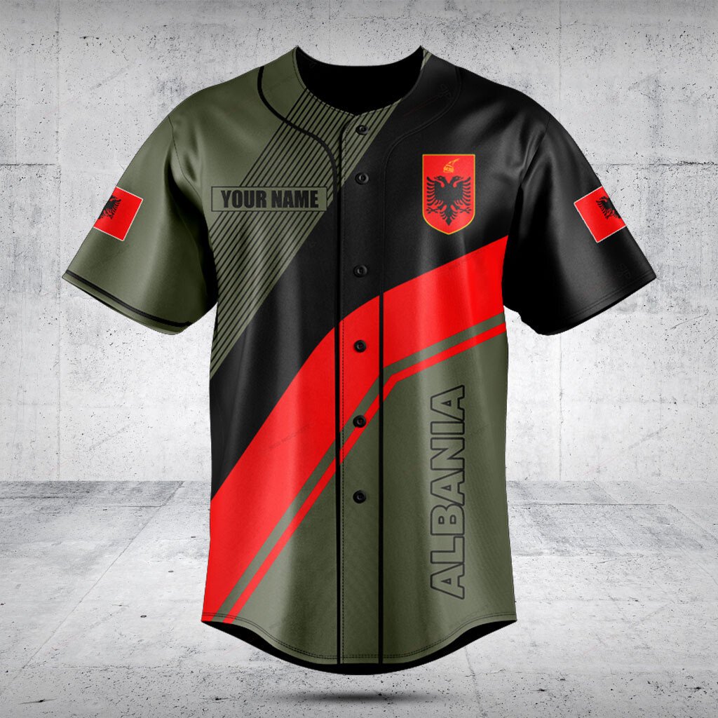 Albania Flag Olive Green Custom Baseball Jersey For Fan