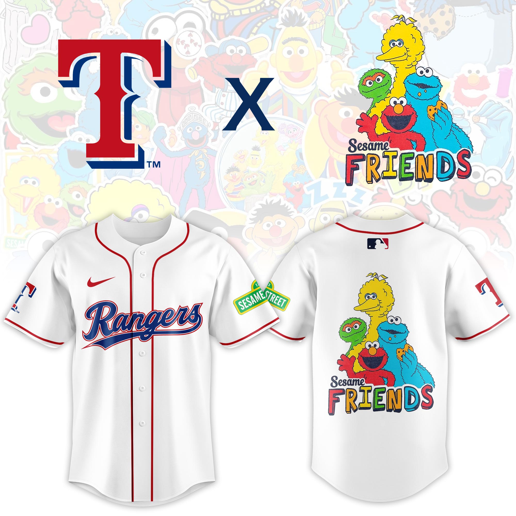 Texas Rangers MLB x Sesame Street Night Custom Baseball Jersey New Season For Fans