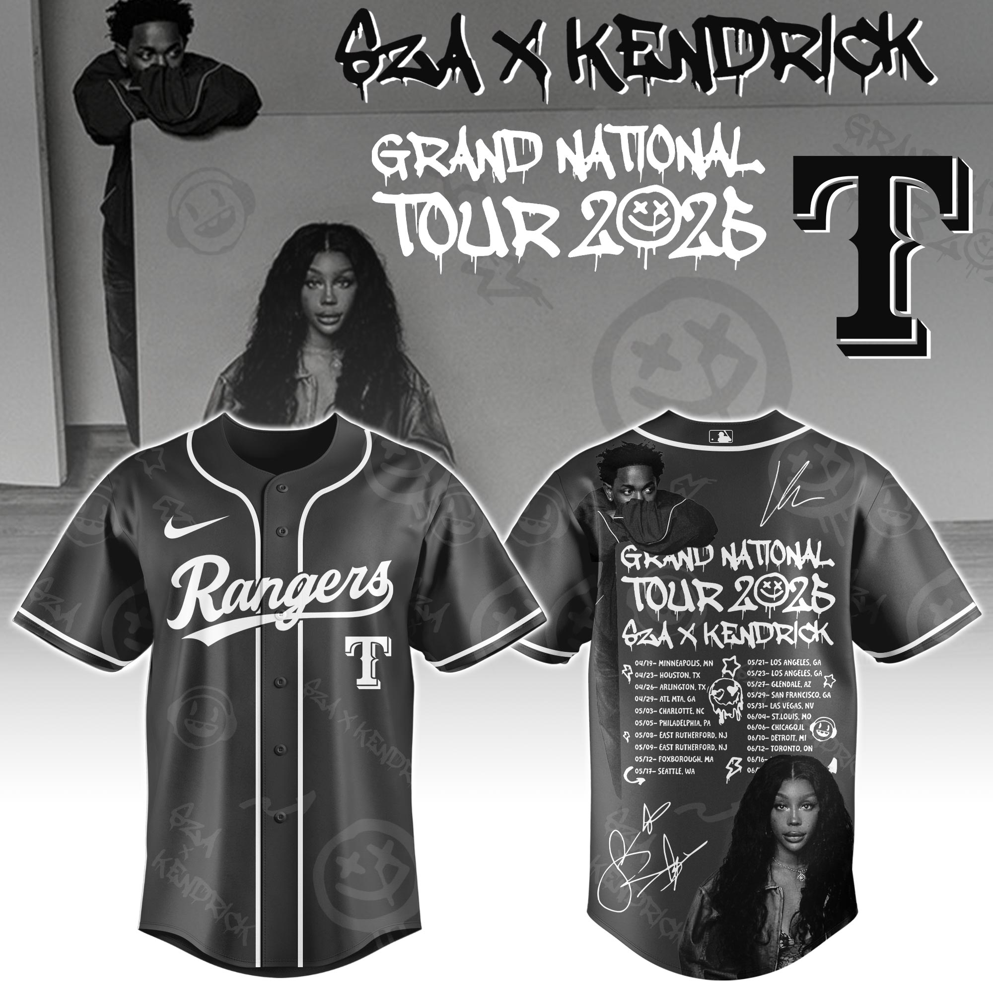 Texas Rangers MLB x Kendrick Lamar x SZA Grand National Tour Custom Baseball Jersey New Season For Fans