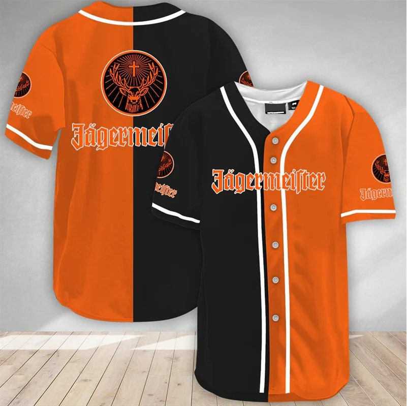 Black And Orange Split Jagermeister Love Beer Baseball Jersey, Split Jagermeister Jersey For Men Women