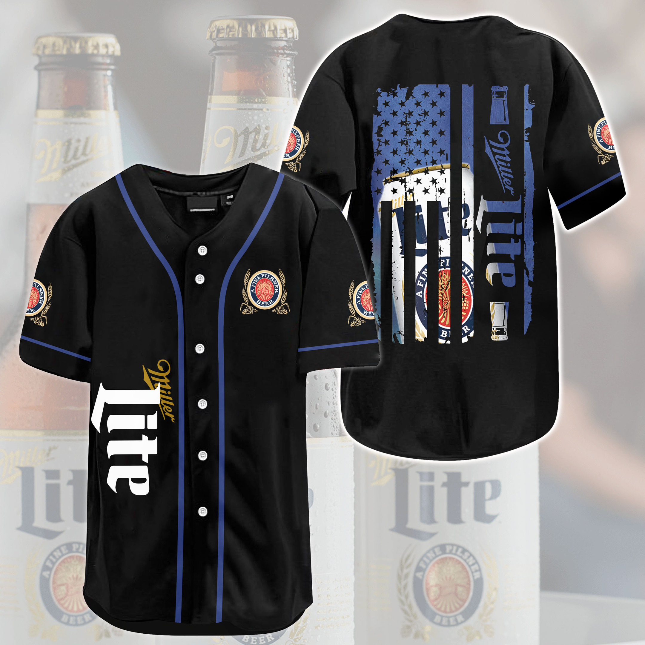 Black Miller Lite American Flag Baseball Jersey Beer Lover Gift