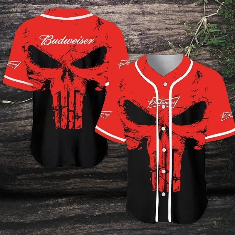 Budweiser Crazy Red Skull Baseball Jersey Beer Lover Gift