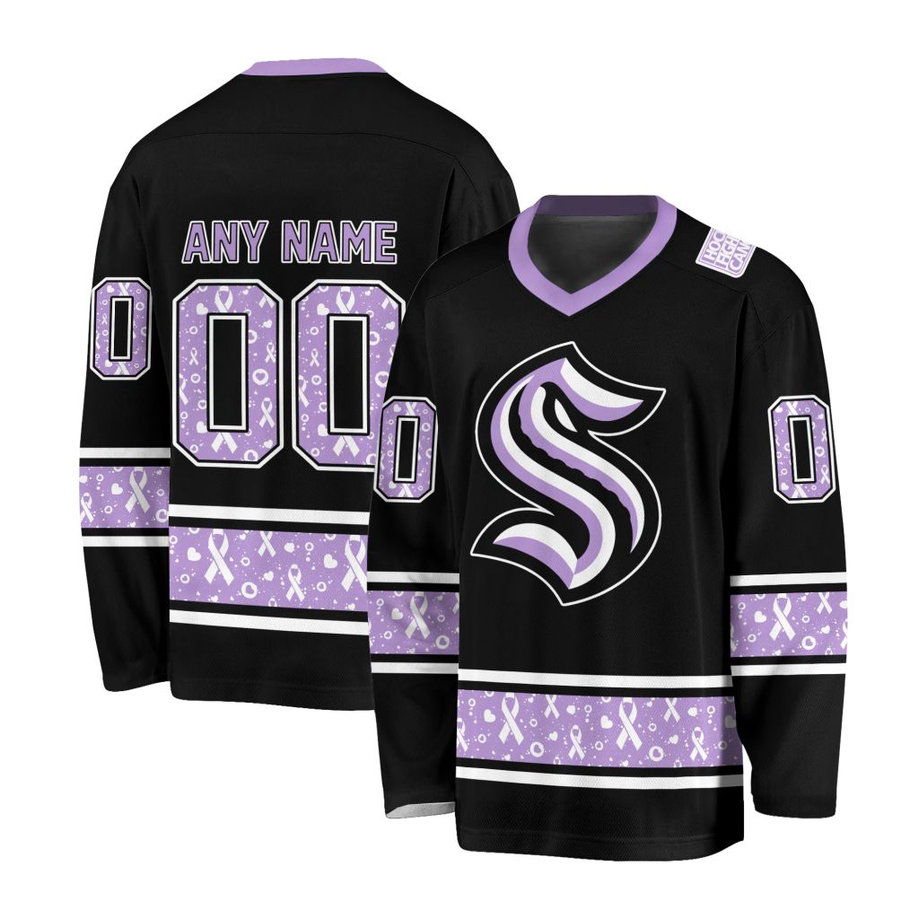 NHL Seattle Kraken Special Black Hockey Fight Cancer V-neck Hockey Jersey