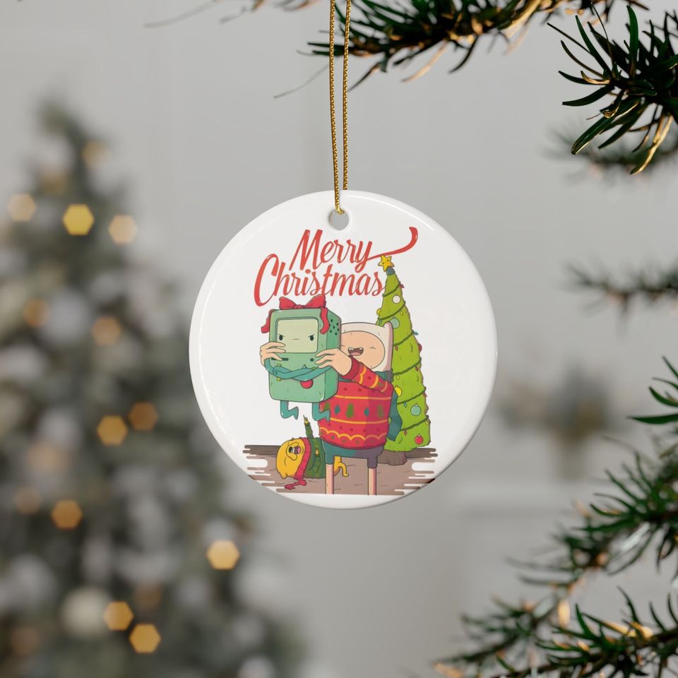 Adventure Time Christmas Ceramic Ornament, Finn Jake and BMO Gifts, Custom Cartoon Network Lover, Exclusive Cute Tree Fan Art Decor