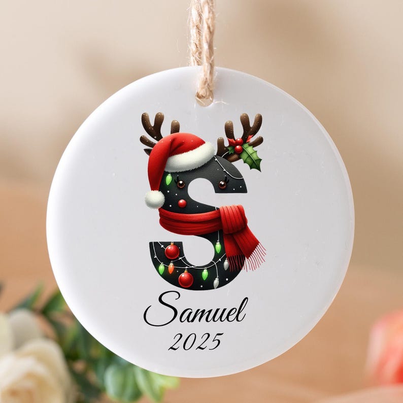 2025 Christmas Ornament Custom Initial Name Ornament Round Ceramic Keepsake
