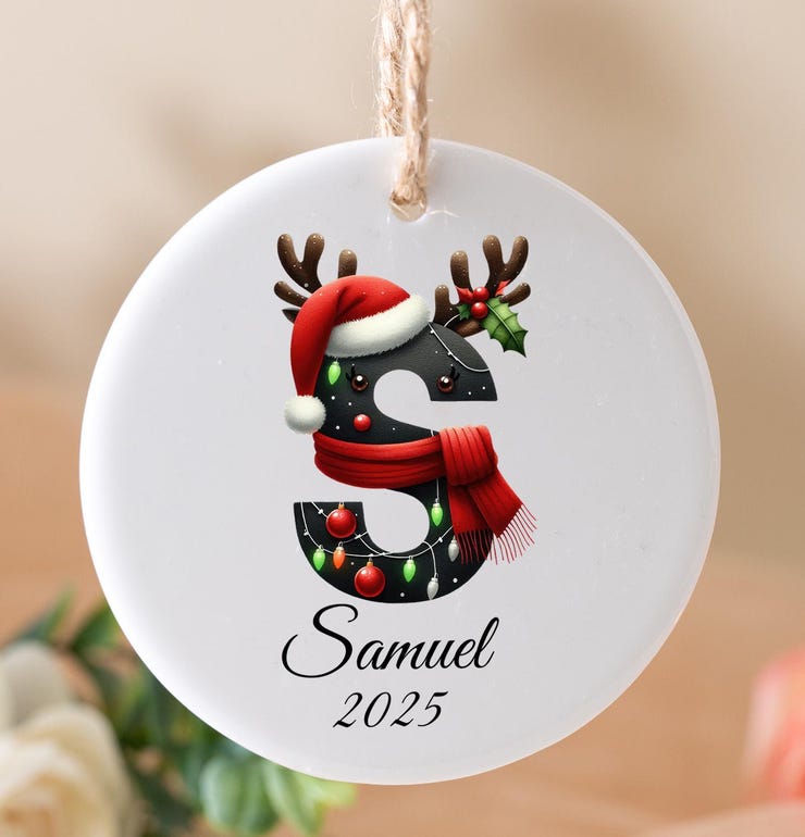 2025 Christmas Ornament Custom Initial Name Ornament Round Ceramic Keepsake