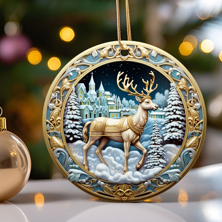 3D Reindeer Christmas Ornament Blue and Gold Tones 3D Print Ornament 2023 Christmas Decoration