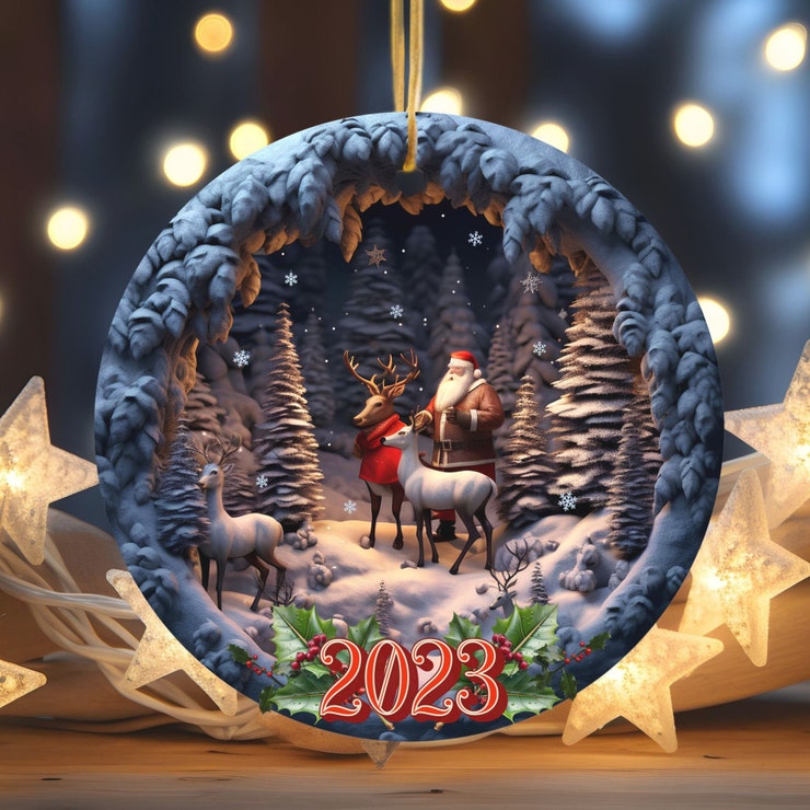3D Christmas Ornament Santa and Reindeer with 3D Effect Christmas Decoration 2023 Holiday Ornament
