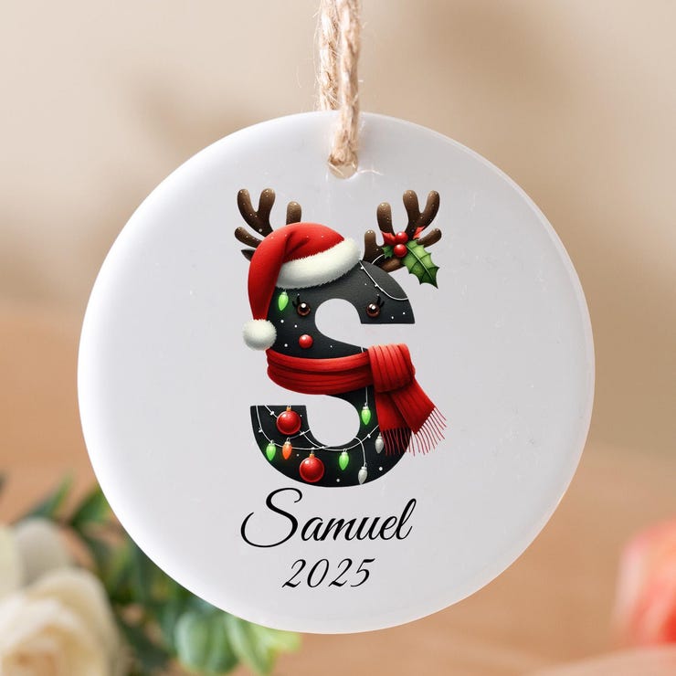 2025 Christmas Ornament Custom Initial Name Ornament Round Ceramic Keepsake