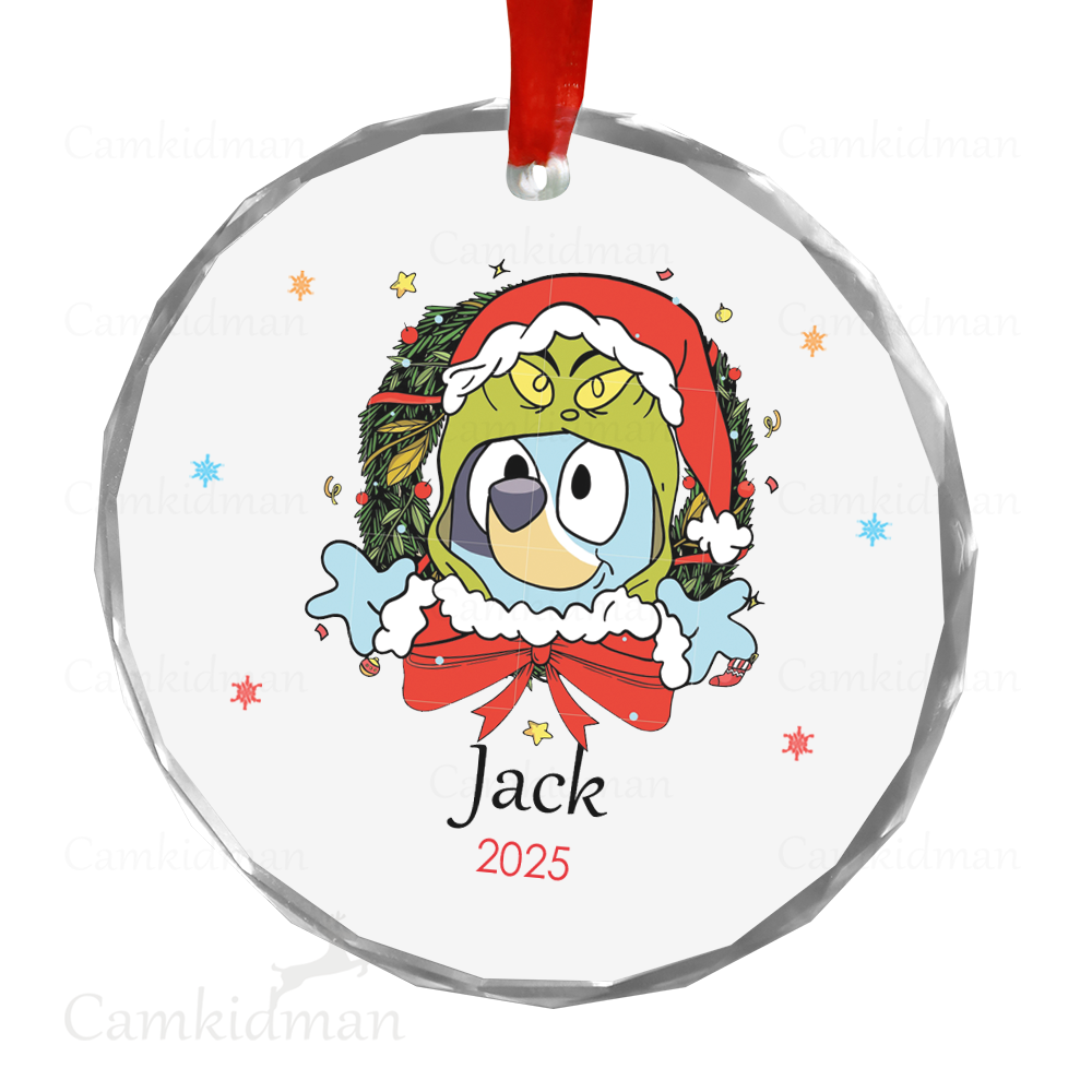 Personalized Name Bluey Santa Wreath 2025 Christmas Ceramic Ornament Glass Ornament tree