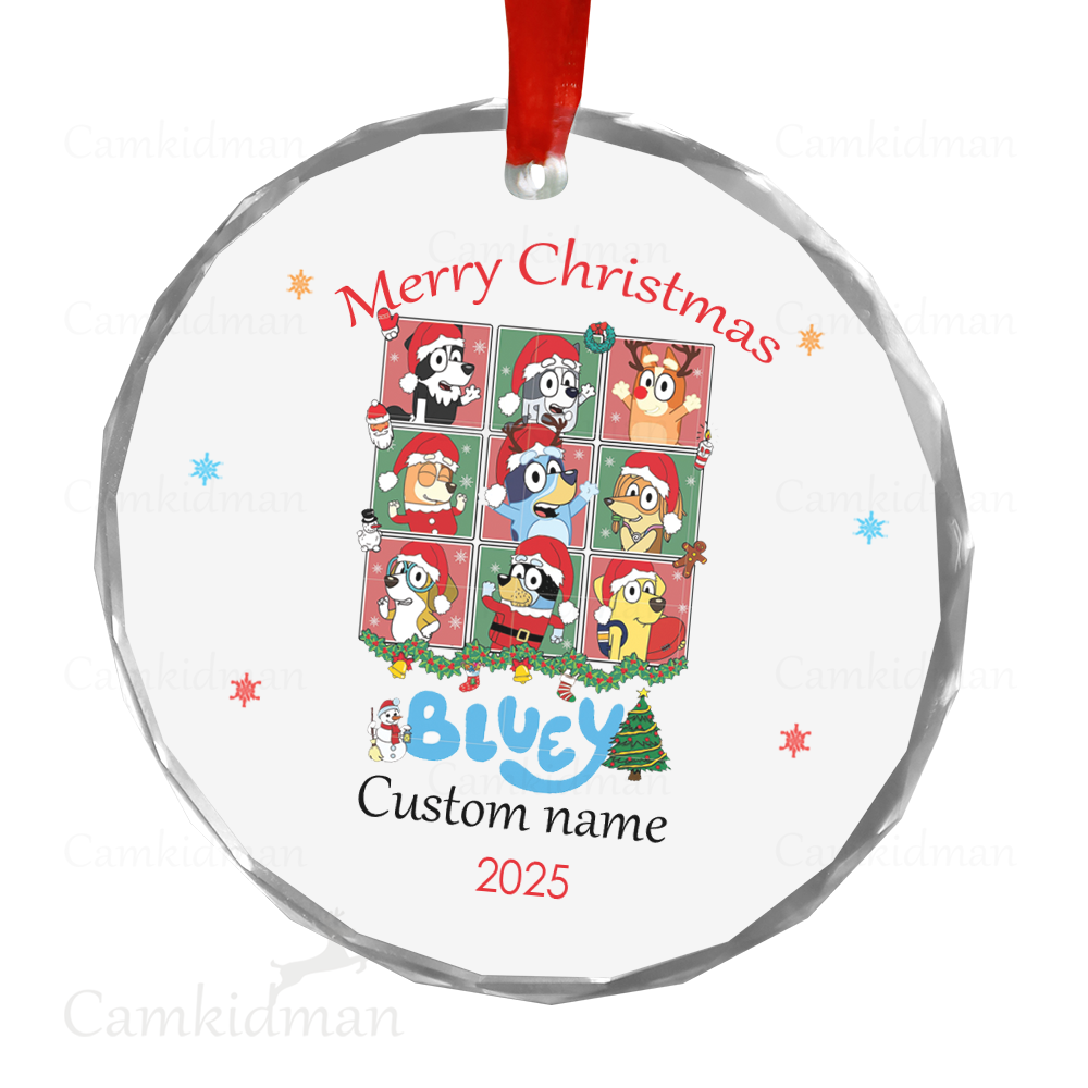 Personalized Name Bluey Pink Background 2025 Christmas Ceramic Ornament Glass Ornament gifts