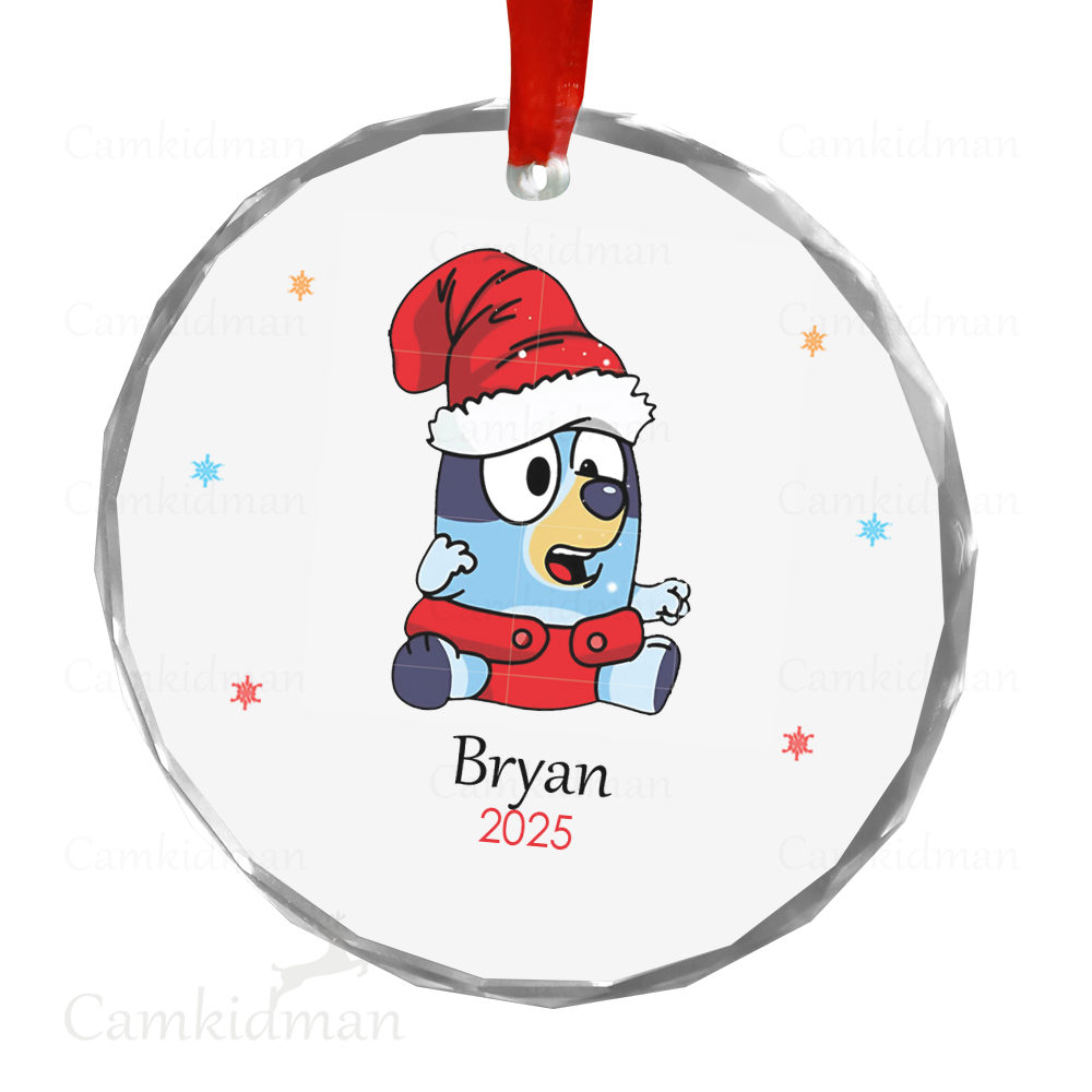 Personalized Name Bluey Puppy With Santa Hat 2025 Christmas Ceramic Ornament Glass Ornament gifts