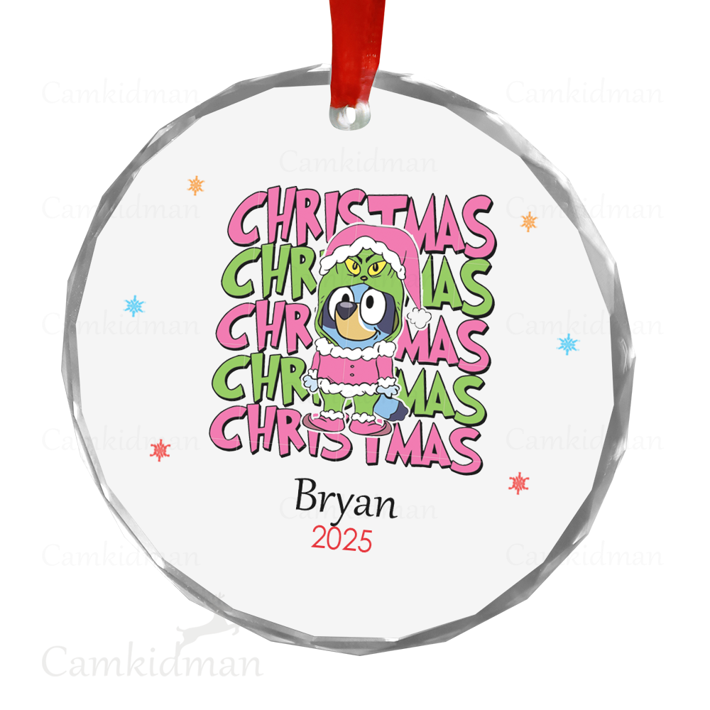 Personalized Name Bluey Christmas Text Pattern 2025 Christmas Ceramic Ornament Glass Ornament tree