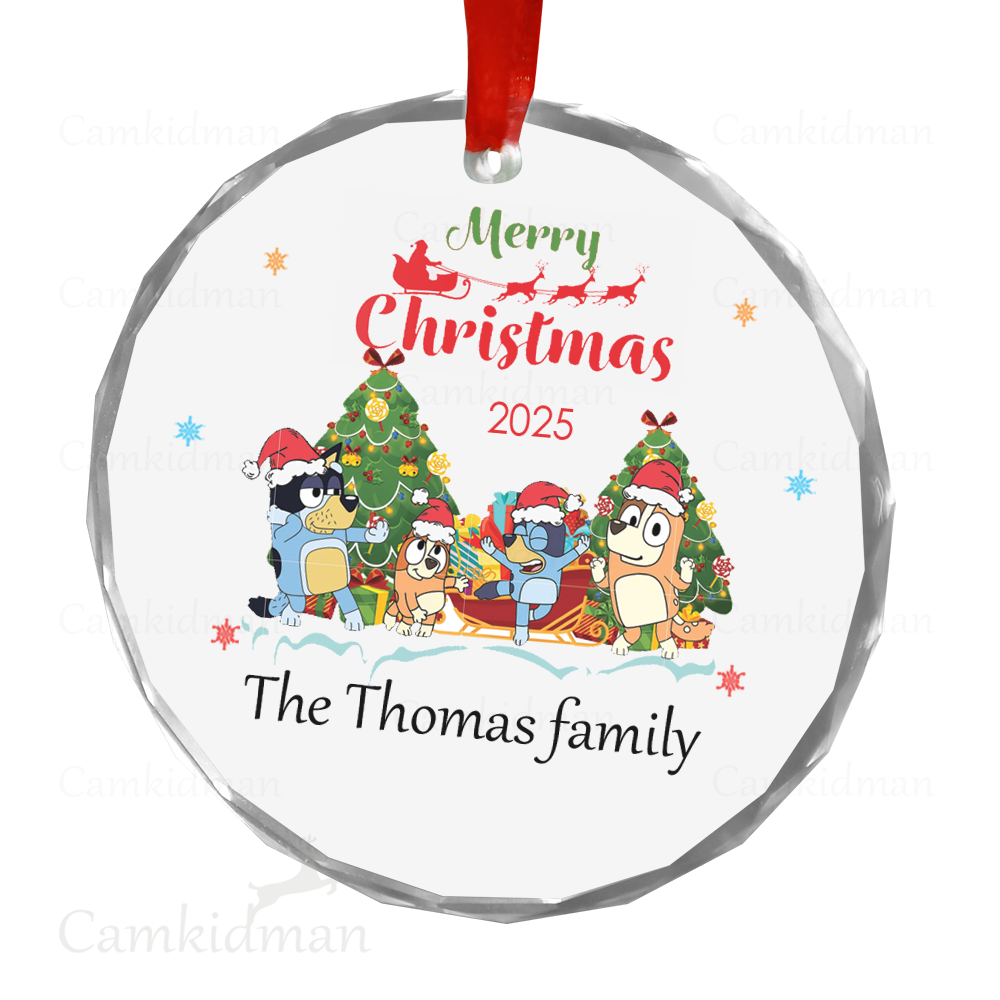 Personalized Name Bluey Family With Tree Christmas Ceramic Ornament Glass Ornament gifts family