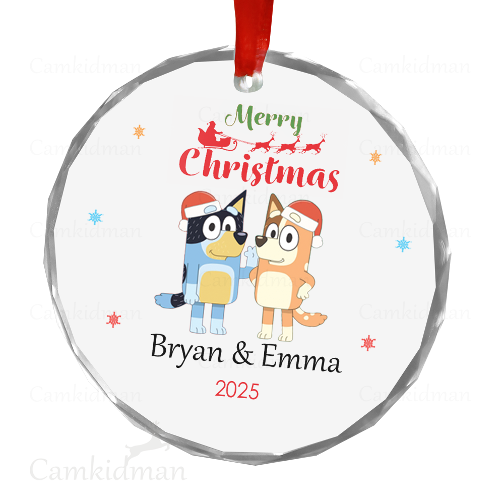 Personalized Name Bluey Couple With Gift Christmas Ceramic Ornament Glass Ornament gifts family