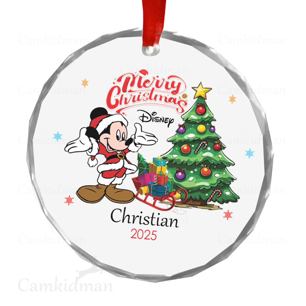 Personalized Name Disney Mickey with Christmas Tree Glass Ceramic Ornament Glass Ornament Decoration