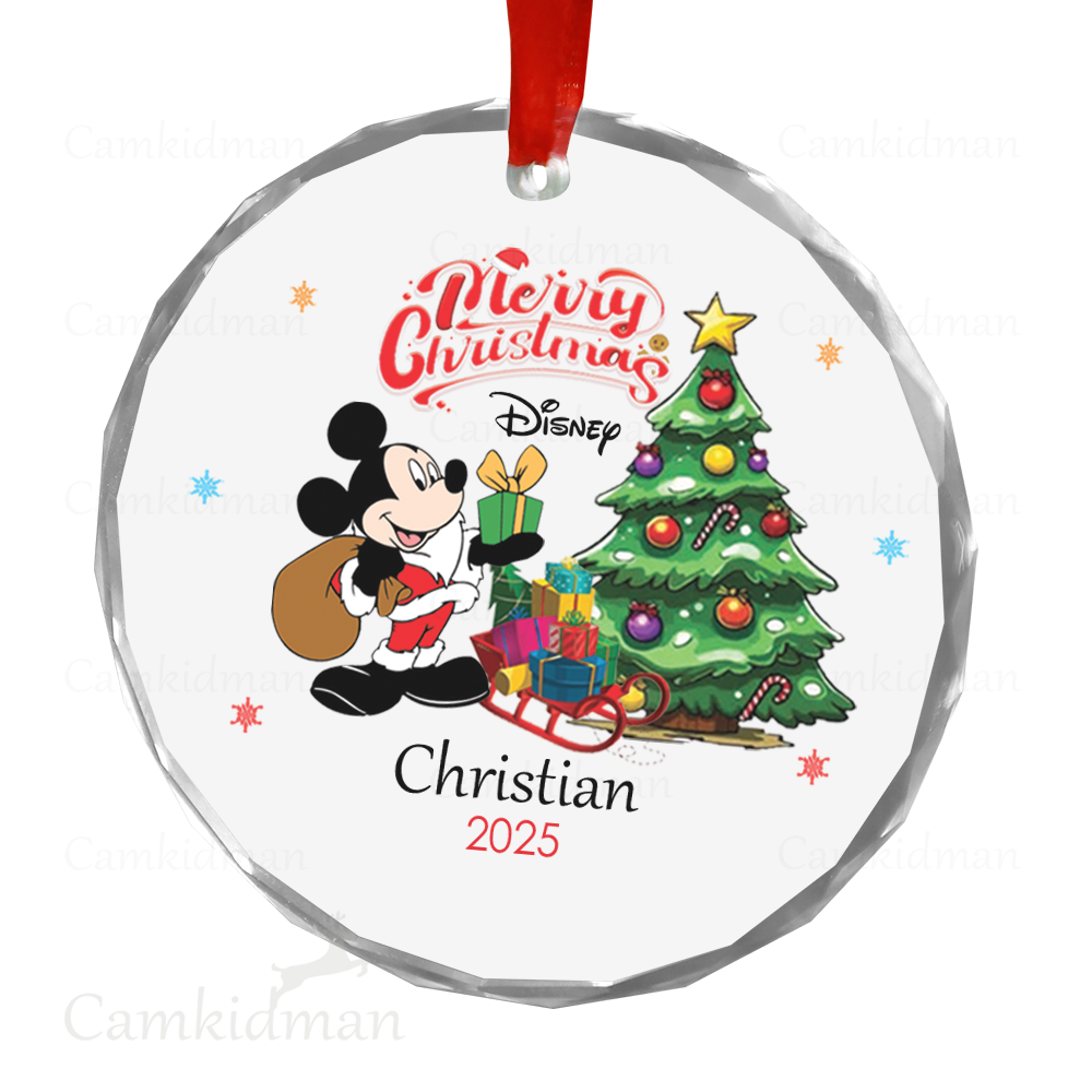 Personalized Name Disney Mickey Mouse with Christmas Tree Glass Ceramic Ornament Glass Ornament Decoration