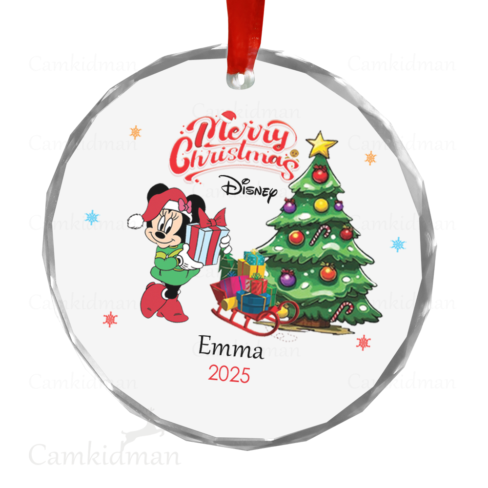 Personalized Name Disney Minnie with Christmas Tree Glass Ceramic Ornament Glass Ornament Decoration