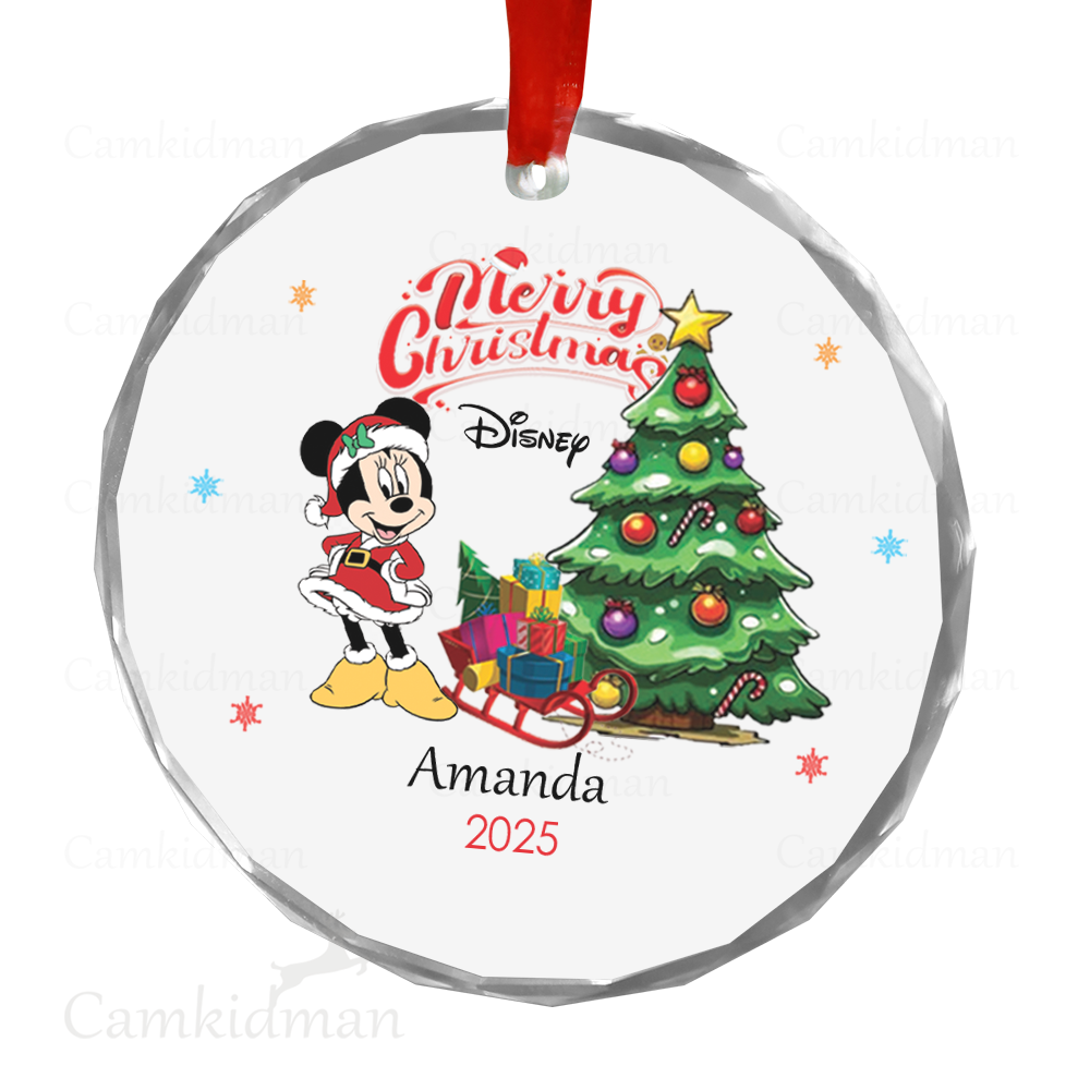 Personalized Name Disney Mickey with Christmas Tree Ceramic Ornament Glass Ornament