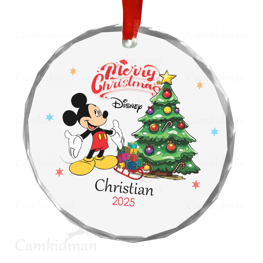 Personalized Name Disney Mickey Mouse with Christmas Tree Ceramic Ornament Glass Ornament