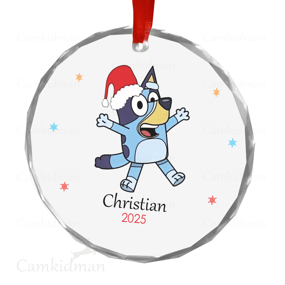 Personalized Name Bluey Cartoon Character 2025 Glass Christmas Ornament Decoration