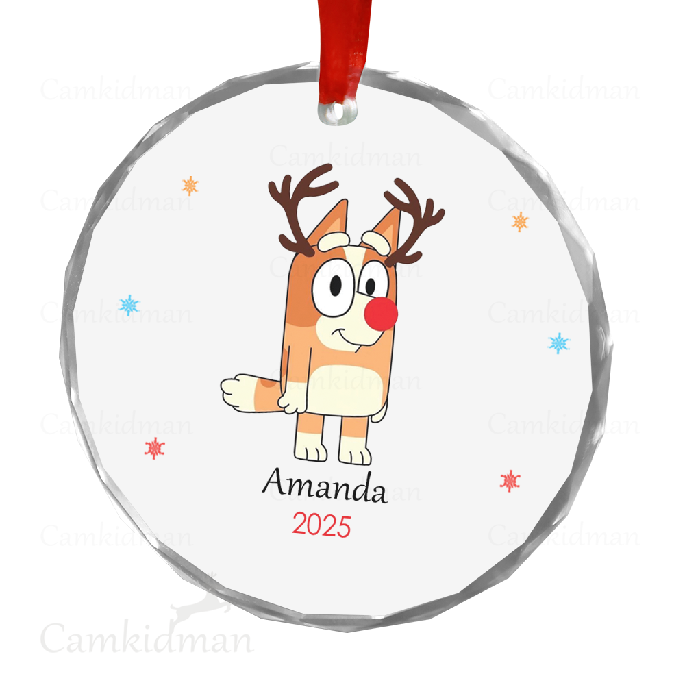Personalized Name Bingo Bluey Character Reindeer Antlers Glass Christmas Ornament Decoration