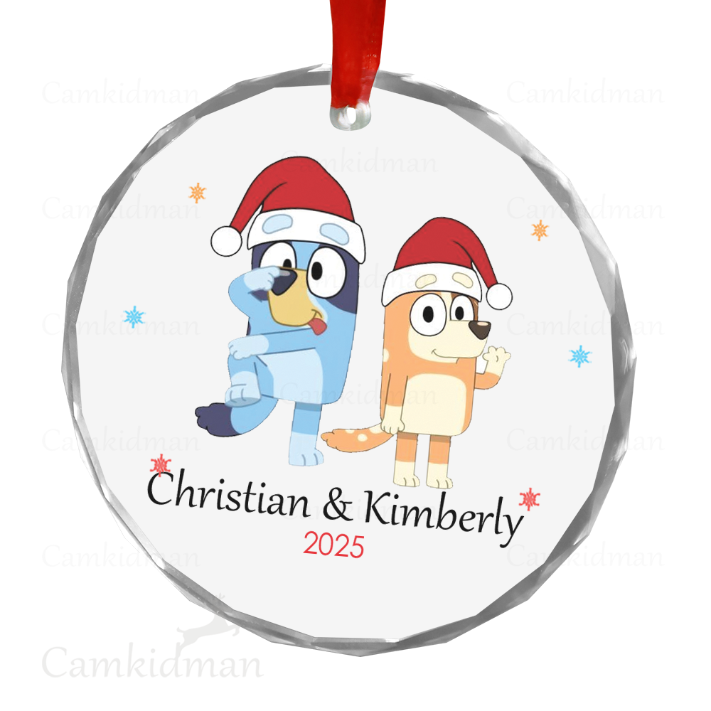 Personalized Name Bluey Character with Snowman and Tree 2025 Glass Christmas Ornament