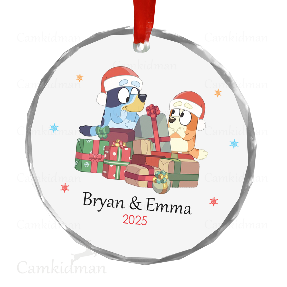 Personalized Name Bluey and Bingo Family 2025 Glass Round Christmas Tree Ornament