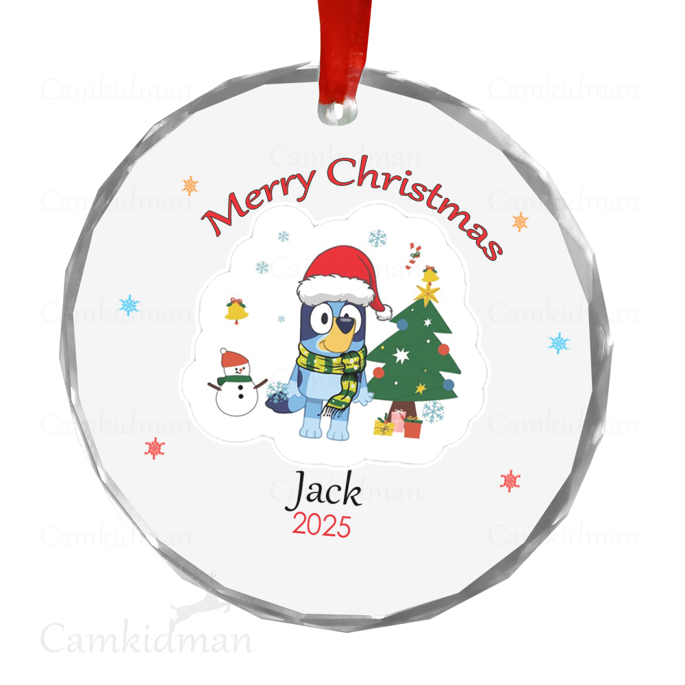 Personalized Name Bluey and Family with Christmas Tree 2025 Glass Holiday Ceramic Ornament Glass Ornament Decoration