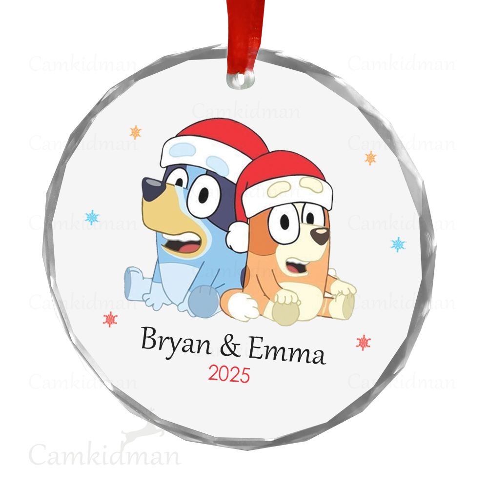 Personalized Name 2025 Bluey and Bingo Glass Christmas Ornament Holiday Decoration