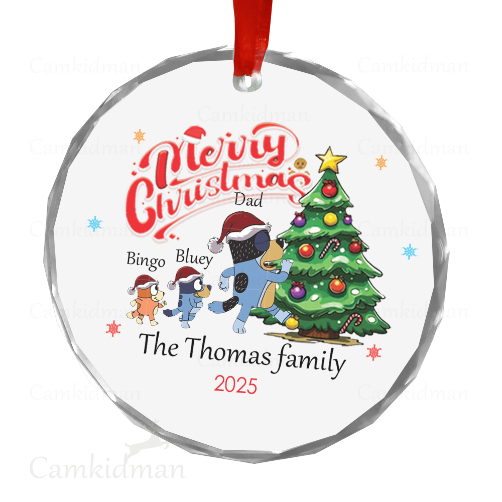 Personalized Name Bluey Bingo dad family with Christmas Tree Glass Ceramic Ornament Glass Ornament 