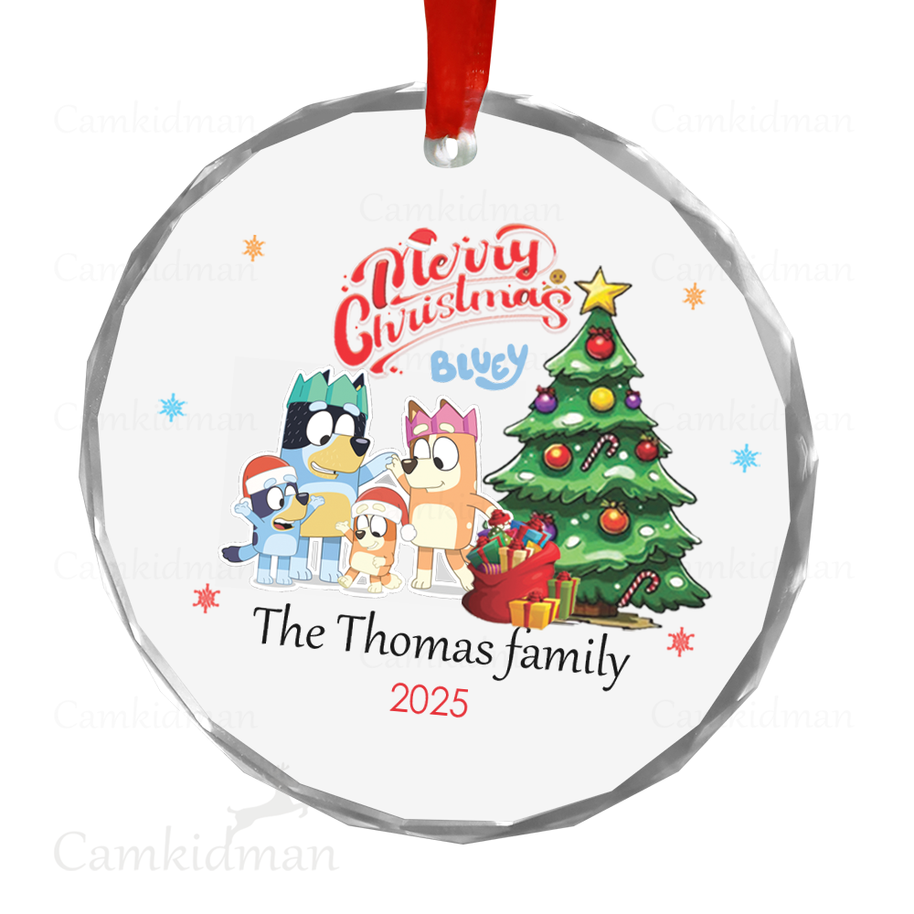Personalized Name Bluey Bingo family with Christmas Tree Glass Ceramic Ornament Glass Ornament 