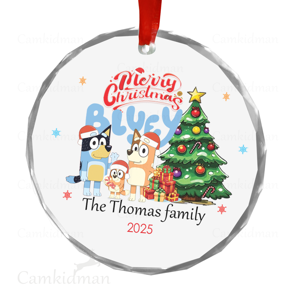 Personalized Name Bluey family with Christmas Tree Glass Ceramic Ornament Glass Ornament 