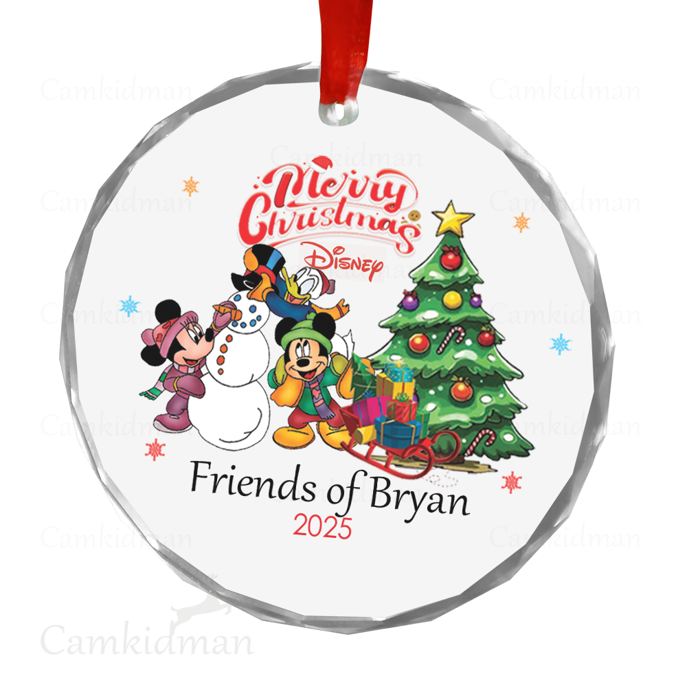 Personalized Name Disney FRIENDS Mickey Mouse Minnie with Christmas Tree Ceramic Ornament Glass Ornament