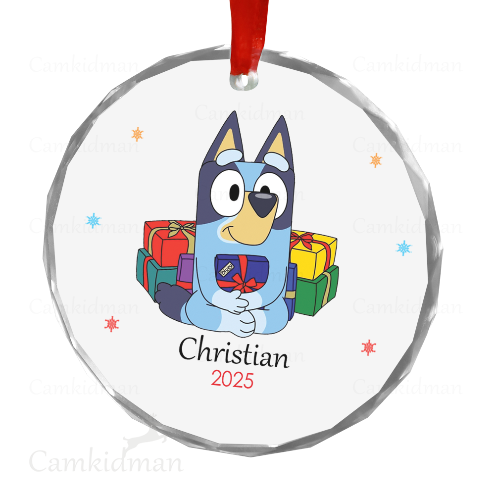 Personalized Name Bluey Family Christmas Tree Scene 2025 Glass Holiday Ceramic Ornament Glass Ornament Decoration