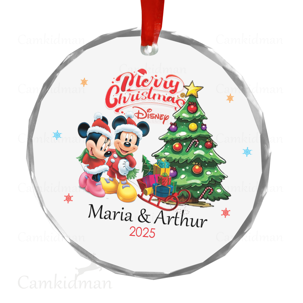 Personalized Name Disney Mickey Mouse Minnie with Christmas Tree Ceramic Ornament Glass Ornament