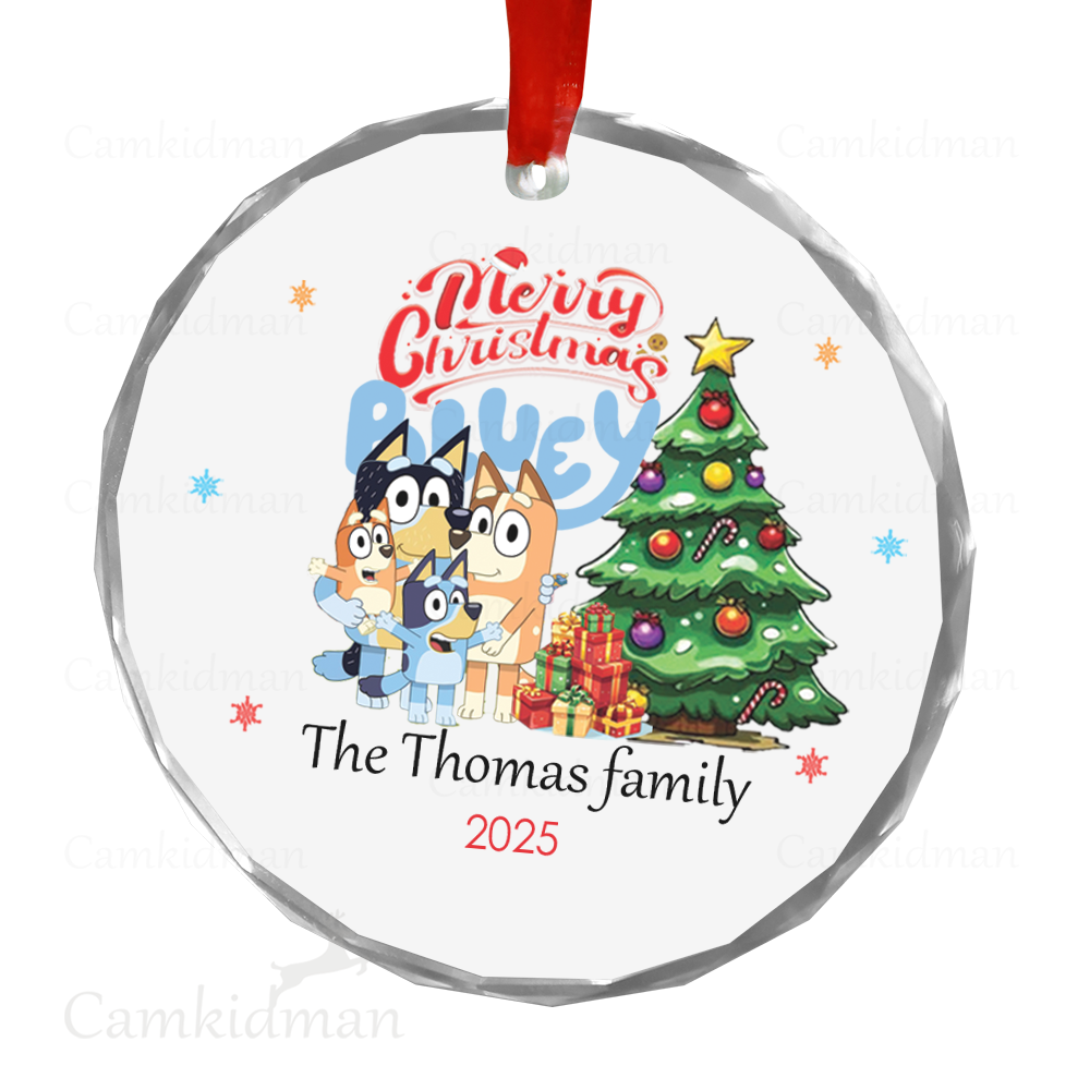Personalized Name Bluey the custome family with Christmas Tree Glass Ceramic Ornament Glass Ornament 