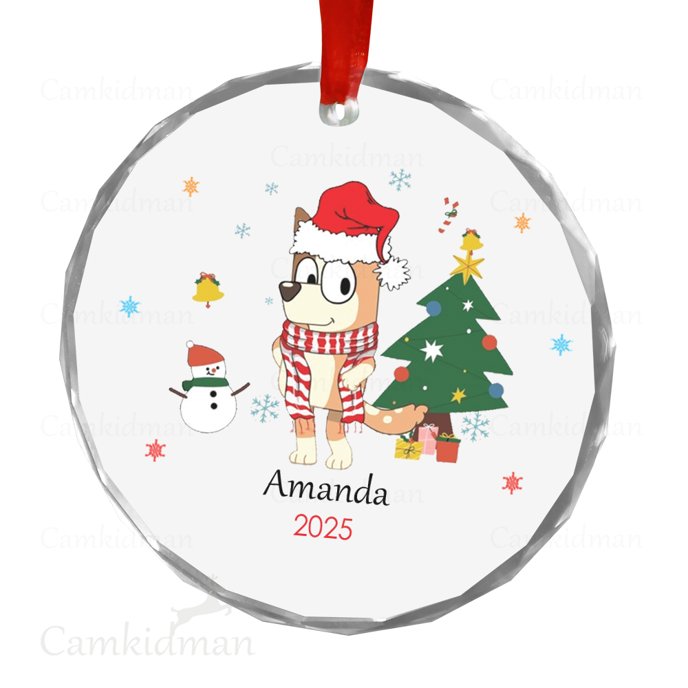 Personalized Name Bluey and Bingo Christmas Couple 2025 Glass Round Ceramic Ornament Glass Ornament Holiday Keepsake